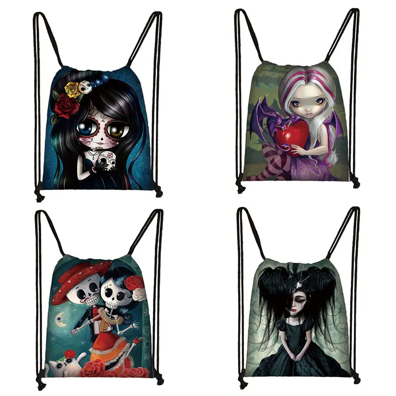 Ladies Sugar Skull Print Drawstring Bag Cartoon Gothic Girls Shopping Bags Women Fashion Storage Bag Girls Canvas Backpack