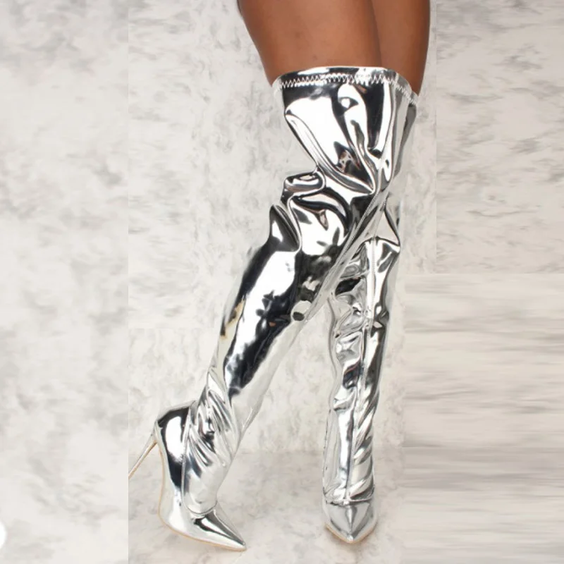 Women Boots Mirror Platform Pointy Toe High Thin Heels Over The Knee Long Boots Autumn Winter Zip Silver Casual Party Shoes