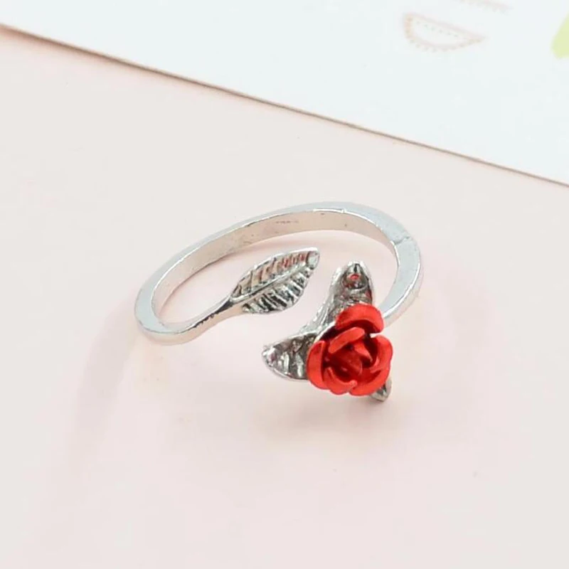 Женское кольцо с красной розой, цветами, листьями, Открытое кольцо, кольца на палец с изменяемым размером для женщин, подарок на день Святого Валентина, ювелирные изделия