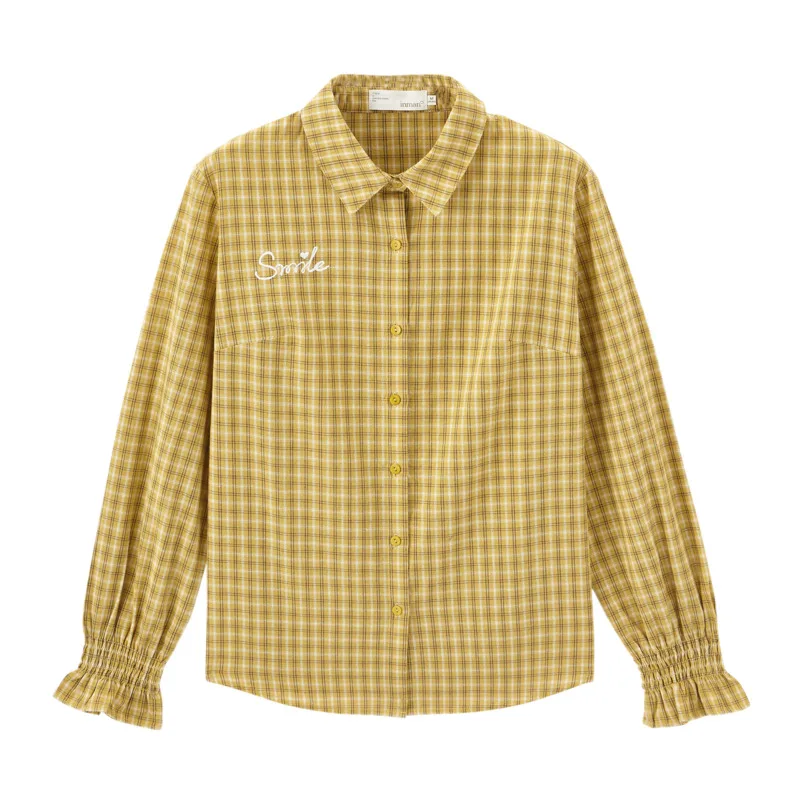 Yellowish Brown INMAN, весна, Новое поступление, литературный ретро стиль, отложной воротник, клетчатый узор, цветочный узор, Педальный рукав, женская блузка, рубашка - Цвет: Yellowish Brown