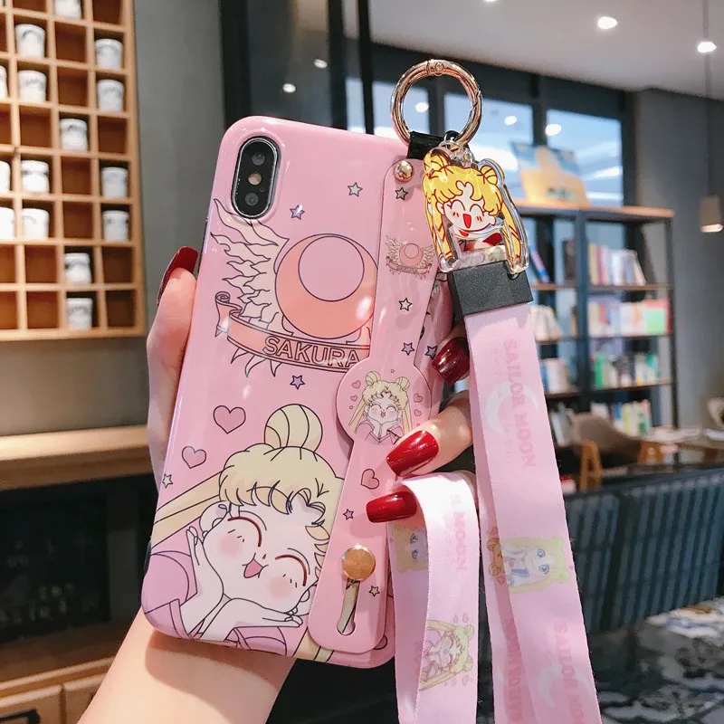 case and strap Для iPhone 11 pro Max чехол с принтом "Сейлор Мун" ремешок на запястье мягкий чехол для телефона для iPhone X XR XS Max 6 6S 7 8plus милый мультяшный чехол+ ремешок - Цвет: case and strap