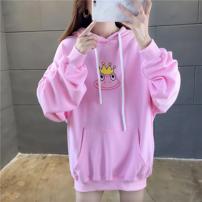 Уличная мода мультяшная лягушка ангел принт толстовки женские с капюшоном осень