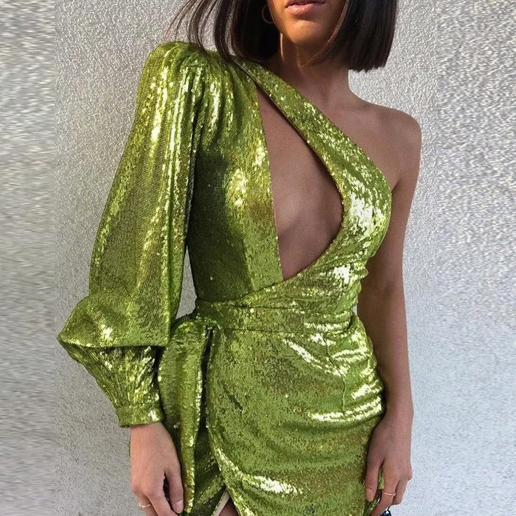 

Party Women Glitter Dress Solid Color Club Wear Mini Short Dresses Vestidos