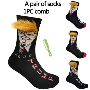 

2020 Election Spoof Funny President Socks With 3D Fake Hair Crew Socks Mens Compression Socks Streetwear Hip Hop Socks #98