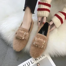 Металлическая квадратная пряжка с кристаллами; лоферы на меху; зимняя теплая женская обувь на плоской подошве для улицы; повседневные Мокасины без застежки для учащихся; 40 размер