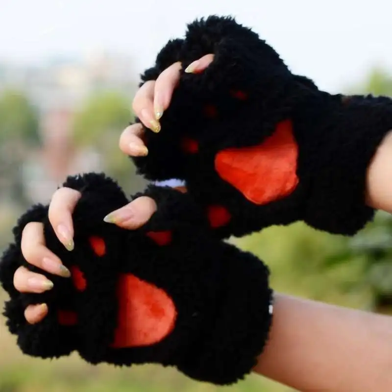 Женские плюшевые перчатки без пальцев Kawaii, пушистые когти Bearr/кошачьи лапы, мягкие теплые варежки, покрытые половинчатыми пальцами, рождественский подарок - Цвет: 1