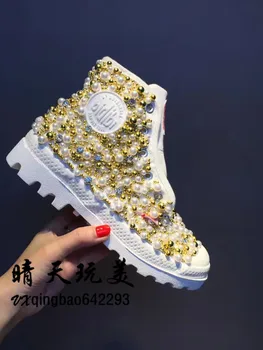 

Handmade Customized Women's Shoes New Type Heavy Industry Hydraulic Drill Pearl String Pearl Thick-soled Leisure Shoes