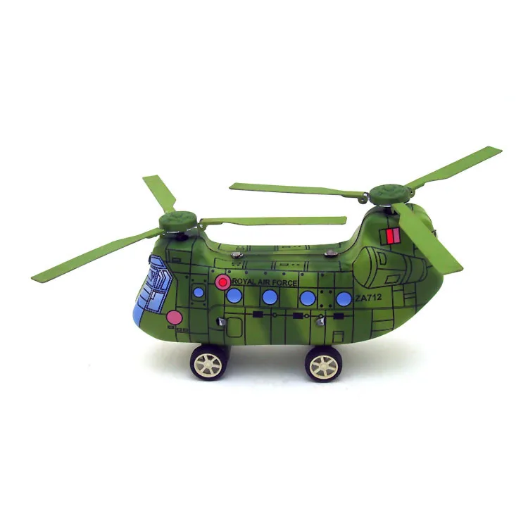 [Funny] Adult Collection Retro Wind up toy Metal Tin Twin-screw military helicopter transport plane Clockwork toy vintage toy
