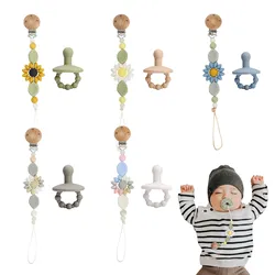 2 Pc/set Baby Pacifier Clips Silicone Sun Flower Beads Wood Pacifier Clips Safe Teething Chain Toy Gifts for Baby Accessories