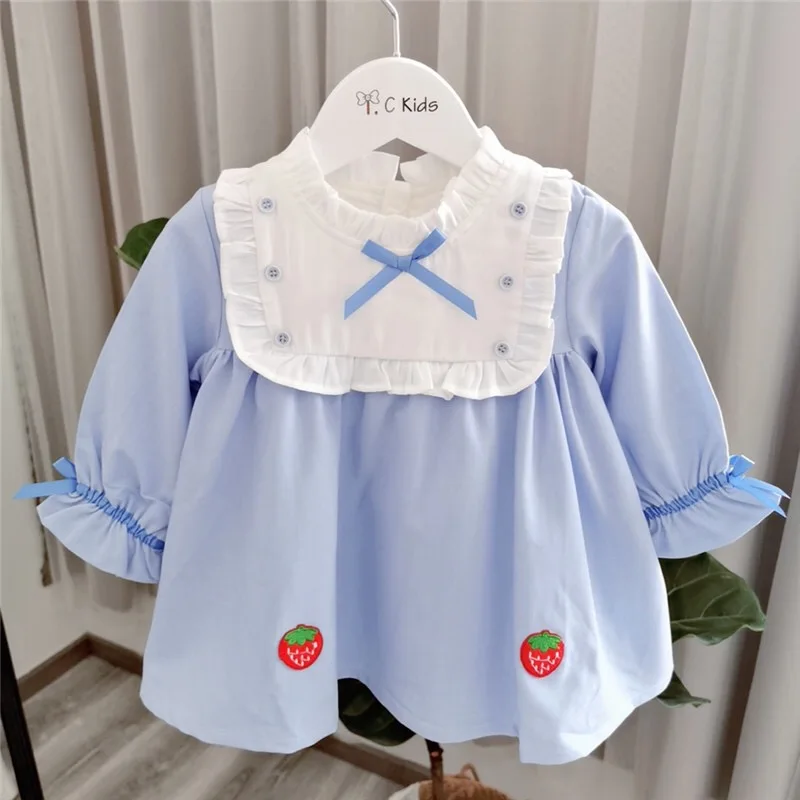

baby girls clothes 0-4T little girls dresses Sky Blue Cute Splicing Long Sleeve Dress Strawberry Embroidered Dress
