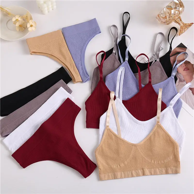 2PCS Bra Set Women Sexy Bralette Sexy Female Underwear Lingerie Ribbed Tops Girls Fashion Brassiere Basic Stretchy Tank Crop Top plus size bra and panty sets