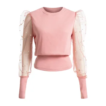 

Womens Elegant Fashion Blouse Mesh Puff Sleeve with Pearl Detailed Casual O Neck Puff-sleeved Ribbed Top Solid Color