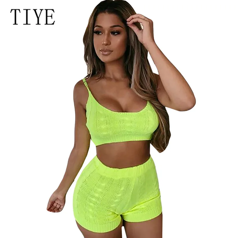 

TIYE Spaghetti Strap Backless Elastic Bodycon 2 Pieces Sets Knitting Short Rompers Women Hollow Out Sleeveless Summer Playsuits