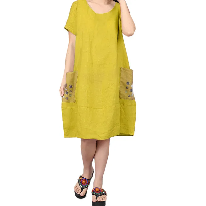 yellow large size Women's Dresses Fashion Pocket O-neck dress Summer loose short-sleeved Dresses - Color: yellow