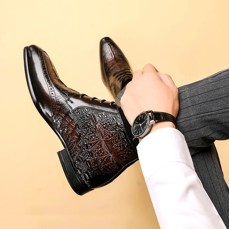 Phenkang Men's Genuine Leather Crocodile Pattern Winter Rubber Ankle Chelsea Boots Brogue Flat Safety Dress Shoes Handmade