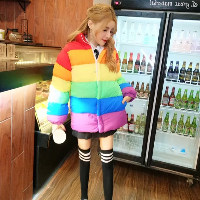

2019 Winter New Style Korean-style Sweet Candy-Colored Rainbow Stripes Cardigan Warm down Coat Cotton-padded Clothes Woman Cotto