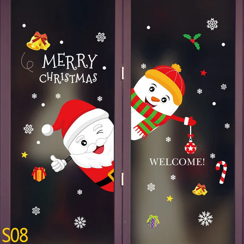 S08 Merry Christmas Snowflake Window Sticker Frozen Party Winter Wall Stickers DIY Happy New Year Xmas Decor Shop Window Ornaments - Color: S08