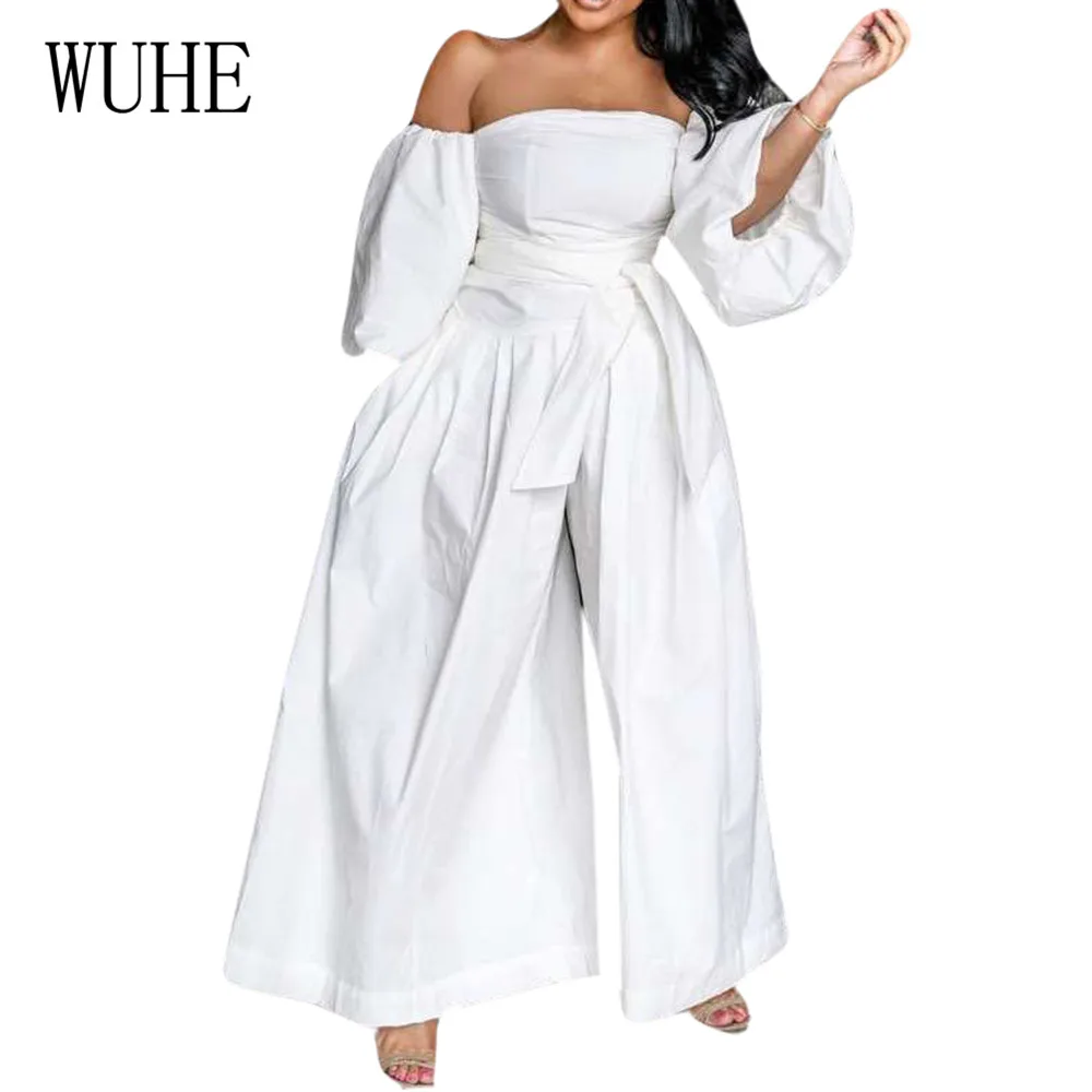 WUHE Office Rompers Sexy Off Shoulder Wide Leg Jumpsuits with Belt for Women Female Casual Loose Playsuits Mono Mujer Verano
