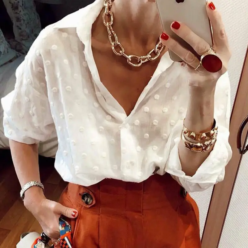 

Vintage Womens Summer Polka Dot Long Sleeve Casual Shirts Top White Lace Sheer Loose Blouse Tops Ladies blusa feminina Plus Size