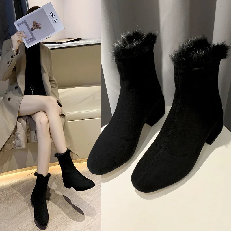 

2019 Martin Boots Shoes Woman Coarse With Rhinestone Short Boots Back Zipper With Increase Down Thin Boots Zapatos De Mujer