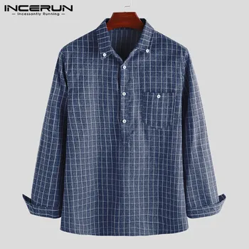 

INCERUN Stylish Men Plaid Shirt Cotton Long Sleeve Casual High Quality Lapel Pockets Brand Shirts Men Streetwear Camisa Harajuku