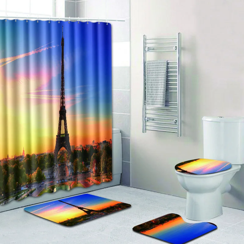 

Famous Tower Print Bath Curtain Waterproof Polyester Fabric Washable Bathroom Shower Curtain Screen with Hooks Accessories