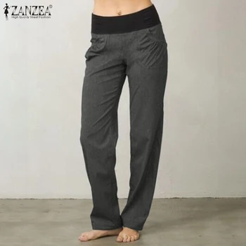 

2020 Women Turnip Pants ZANZEA Casual Cotton Linen Pantalon Vintage Solid Elastic Waist Long Trousers Streetwear Palazzo S 5XL