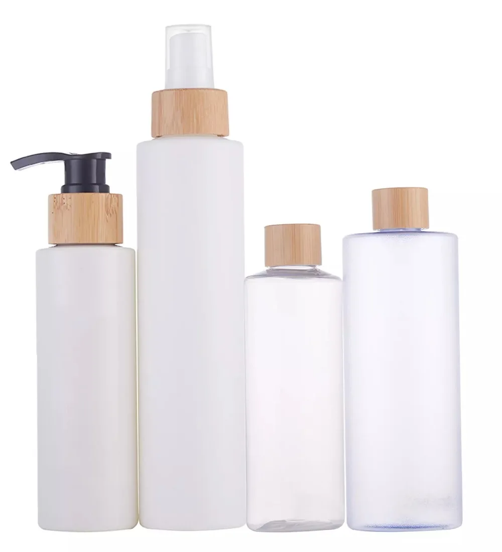 50pcs 250ml white PE press emulsion bottle lotion bottle with bamboo emulsion pump head shampoo/body wash,Sprayer bamboo bottles