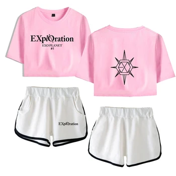 

Harajuku PLANET#5 EXO World Tour Kpop New Printed Two Piece Sets Shorts+Short Sleeve Casual Women Summer Beach Cool Sets