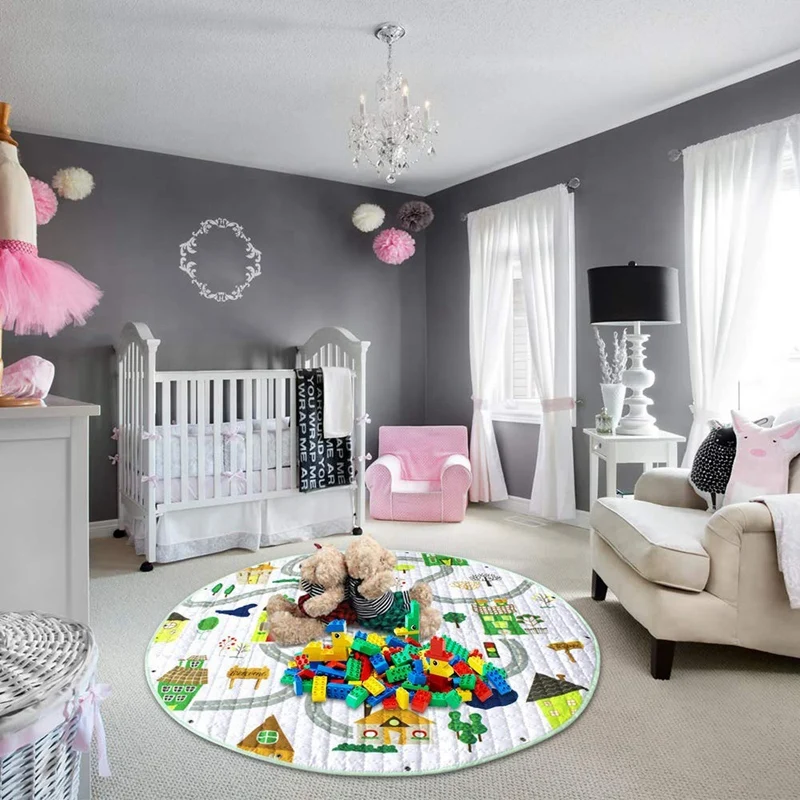 

Baby Play Mat,Round Baby Nursery Rugs and Portable Toy Organizer Storage Toys Storage Bag,Soft Washable Crawling Mat with Drawst