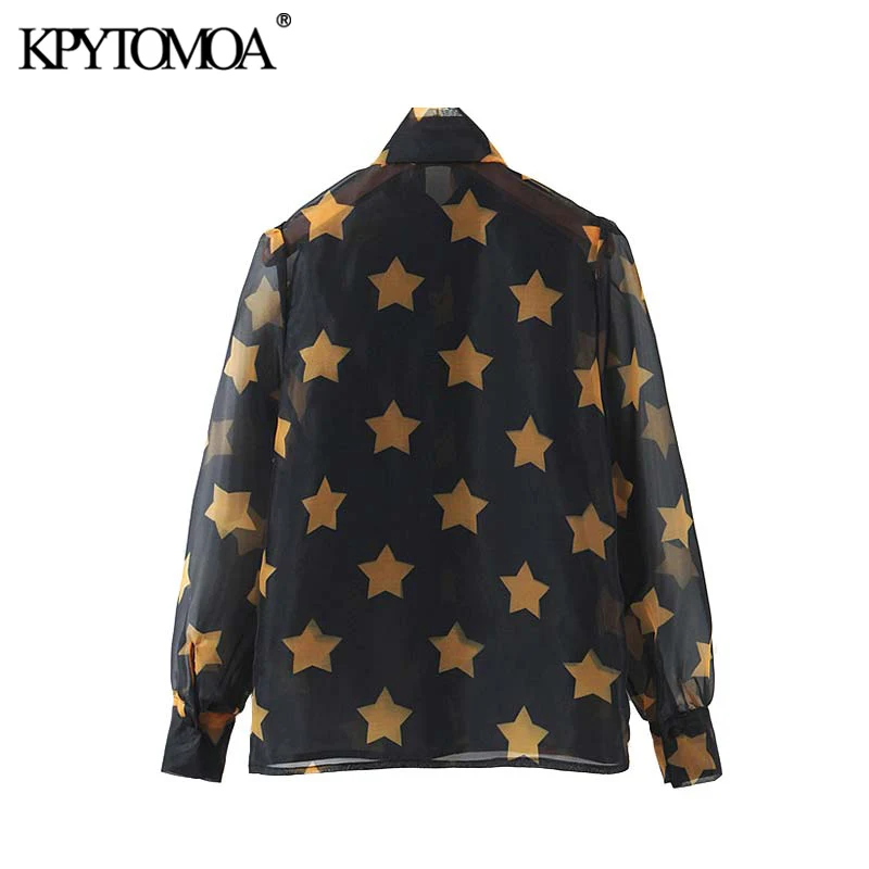  Vintage Stylish Star Print Organza Blouses Women 2020 Fashion Bow Tie Collar Long Sleeve Female Shi