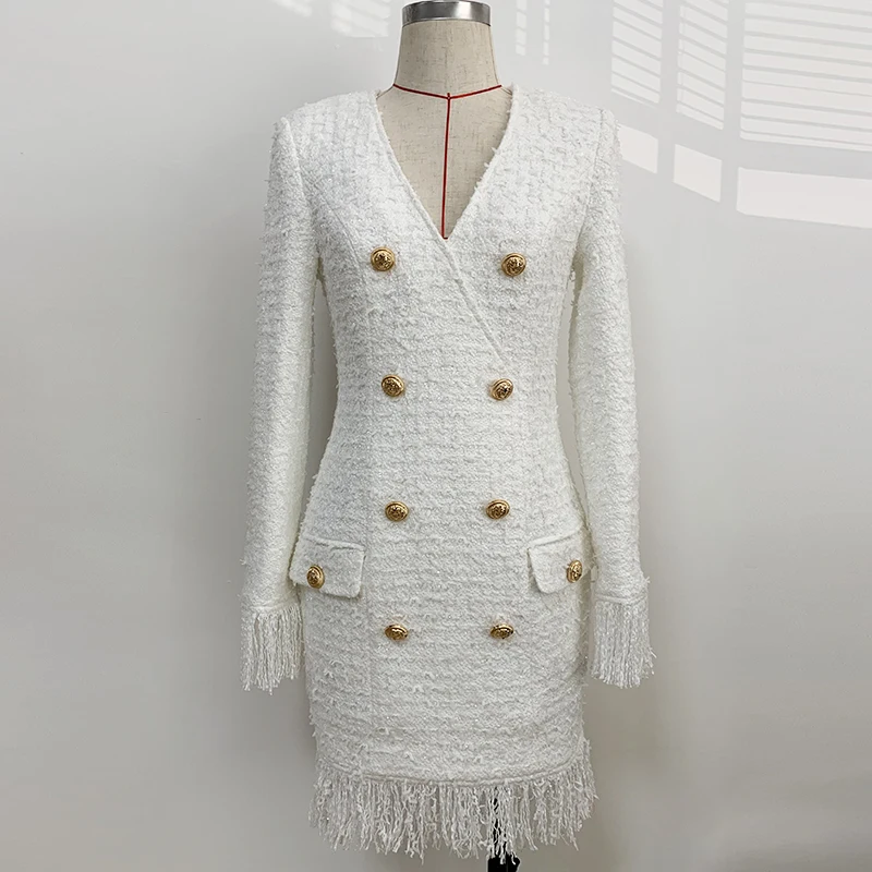 HIGH STREET/новейшее стильное дизайнерское платье года для подиума, женское платье-футляр с бахромой на пуговицах льва из смесовой шерсти