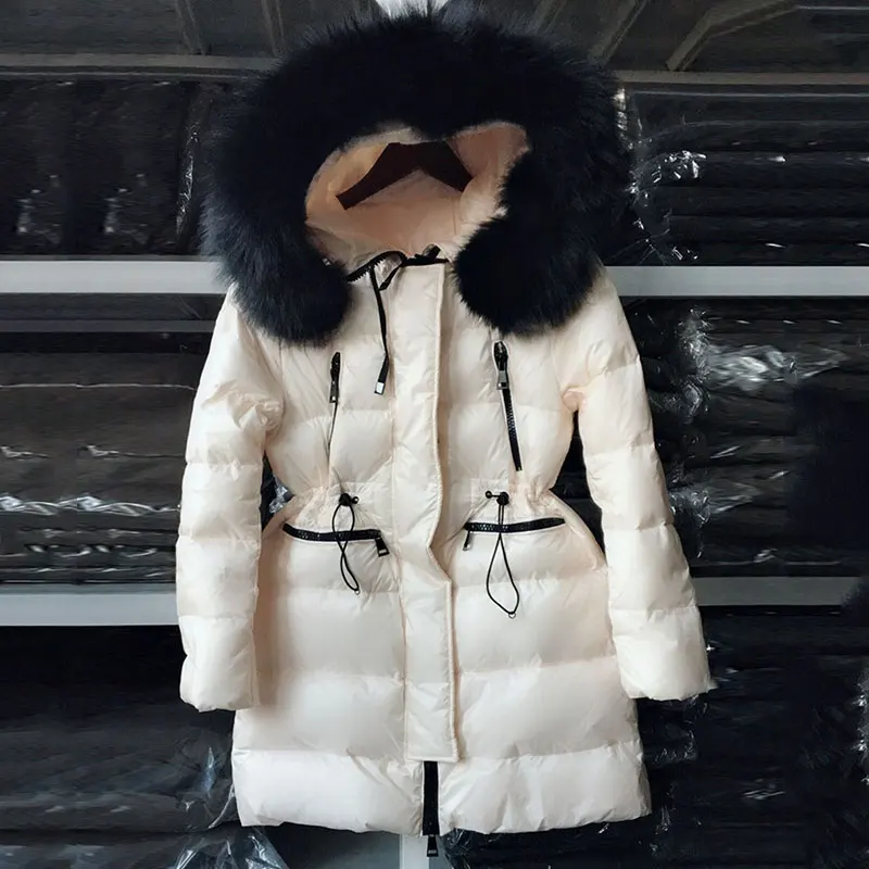 Beige-epaulette Женская куртка с капюшоном, парки, зимнее пуховое пальто, светоотражающие куртки с натуральным лисьим мехом, 90% белые пуховики, женские HS785 - Цвет: Beige-epaulette