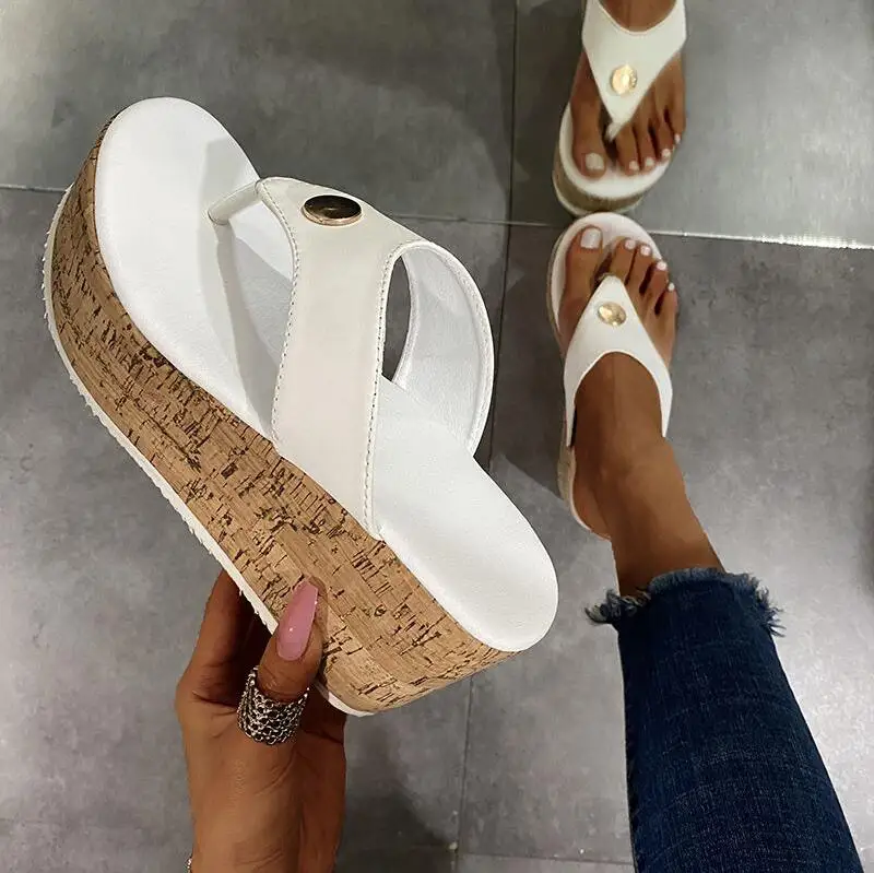 Plus size women’s beach wedge sandals with platform sole and open-toe summer design white