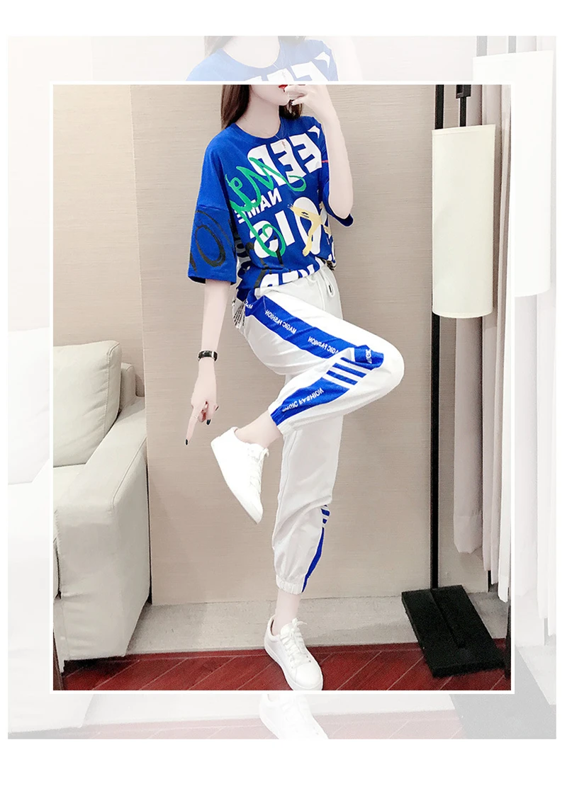 Russia Hot Summer New Kpop Casual 2 Piece Set Women T-shirt Top + Harlan Pants Fashion Trend Tracksuit Women Two Piece Outfits tie dye tracksuit set