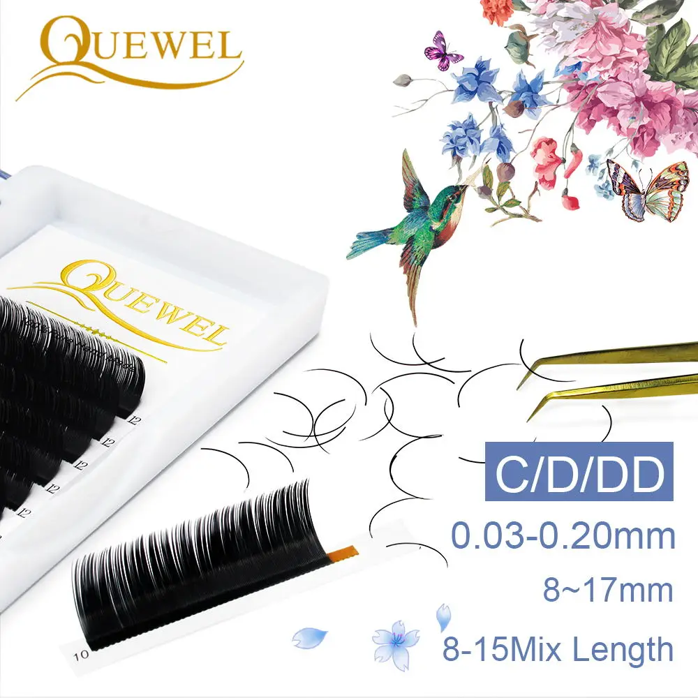 

Quewel Individual False Eyelash Extension Matte Black Lashes Faux Natural Eyelashes Thick C/D/DD Curl Soft Lash 8-17mm Mix