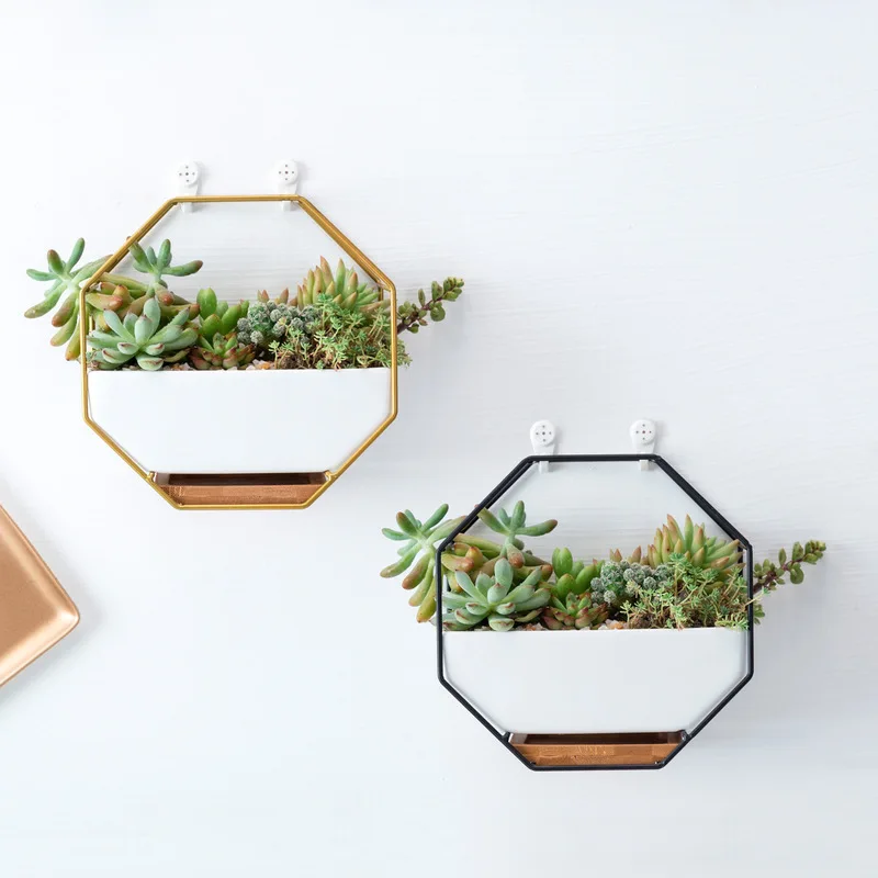 

Octagonal Geometric Wall Hanging Flower Pots Metal Iron Rack Ceramic Planter Desktop Flower Pot Bamboo Tray Iron Frame Set