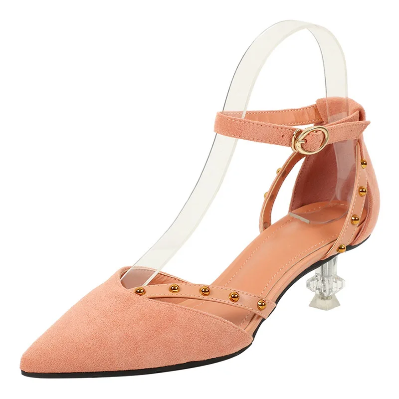 

2789-11 Low Top Semi-high Heeled Shallow Mouth Pointed Shoes Women's 2019 Spring New Style Rivet A- line Buckle shui jing gen