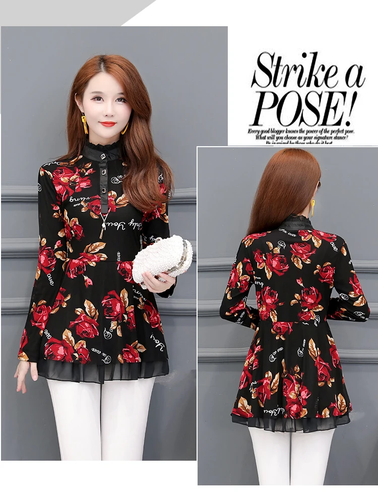 Winter Warm Velvet Peplum Top Women Basic Shirts Blouses Elegant Office Lady Party Floral Leopard Vintage Tunic Top Velour S610