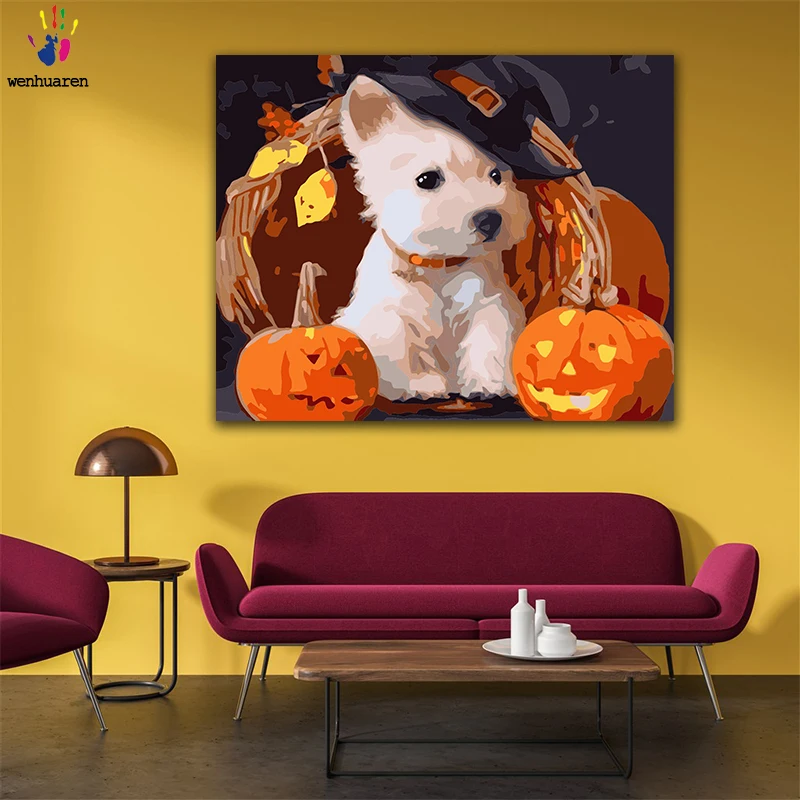 DIY картинки для раскраски по номерам с цветами Хэллоуин одет Собака Картина