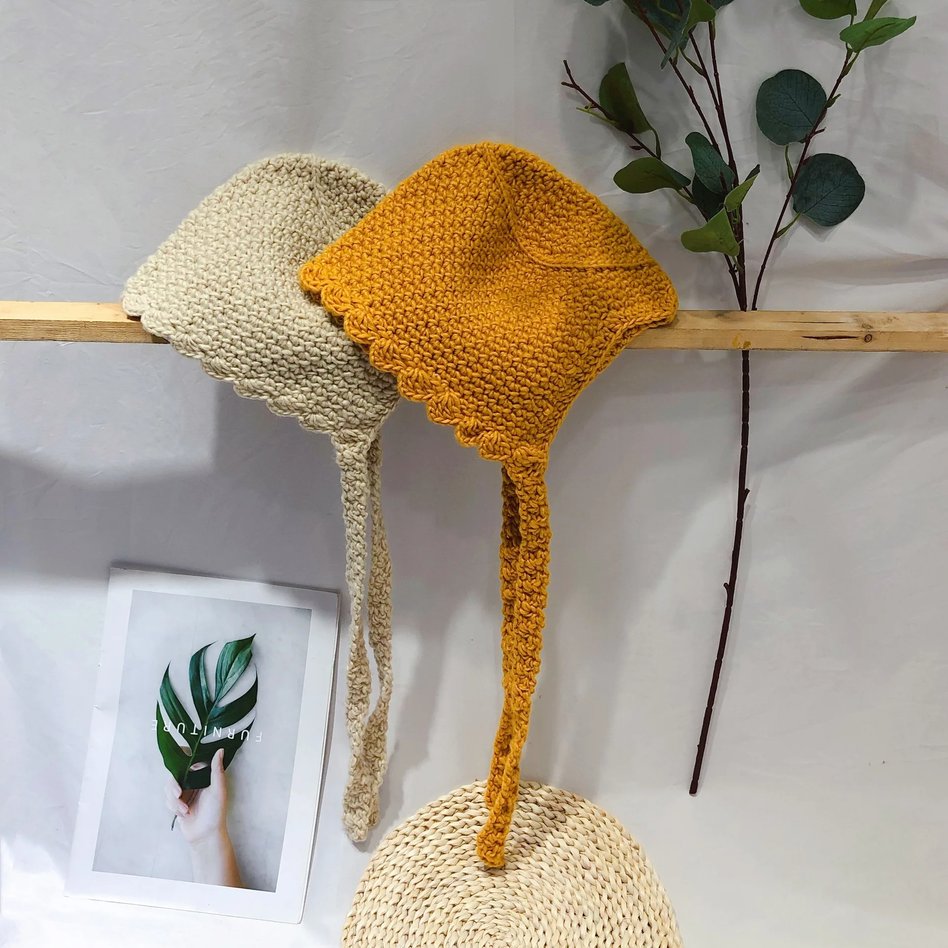 

Children Autumn and Winter 2019 New Thick Woolen Pure Color Handmade Knitted Hats Girls Wool Cute Caps Little Kids Ribbon Hat