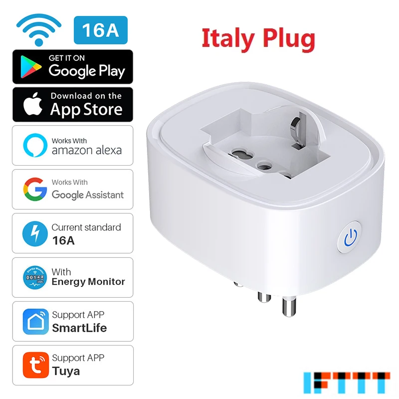 New Tuya 16A Italy Standard WiFi Smart Plug With Power Monitor, Smart Life APP Smart Socket Voice Work For Google Home Alexa 