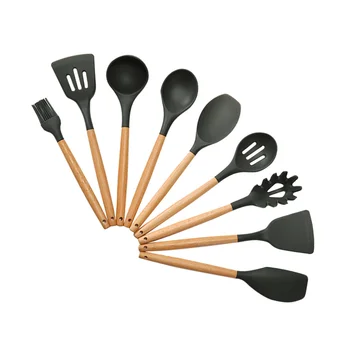 

9pcs Wooden Handle Silicone Cooking Utensils Set Premium Nonstick Cooking Tools Kit