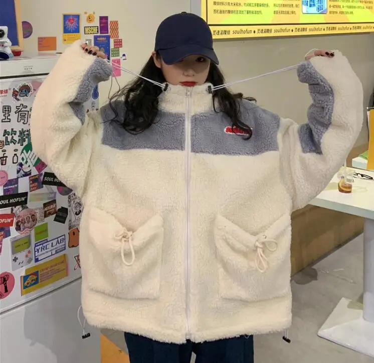 Осень и зима корейский стиль Harajuku лоскутное повседневное свободное bf молния ягненка меховое пальто для женщин