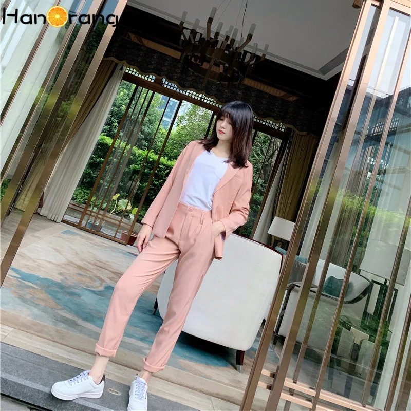 Single Breasted Elegant Pants Suits Early Autumn Two Buckles Suit Jacket+ Button Fly Ankle Length Trousers