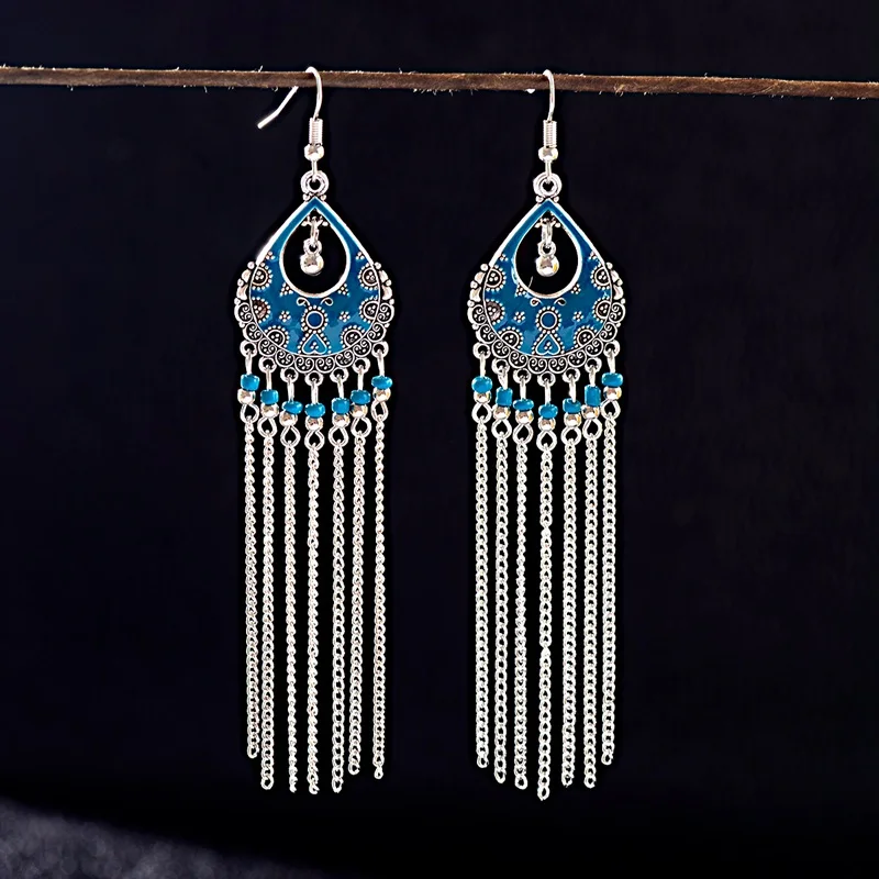 

2019 Women's Vintage Silver Tassel Blue Water Drop Earrings Handmade Indian Gypsy Wedding Ladies Earrings Oorbellen