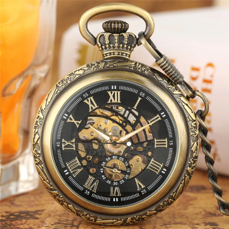 Vintage Roman Numerals Display Men Women Skeleton Mechanical Hand-Winding Pocket Watch Open Face Pendant FOB Clock Chain Reloj