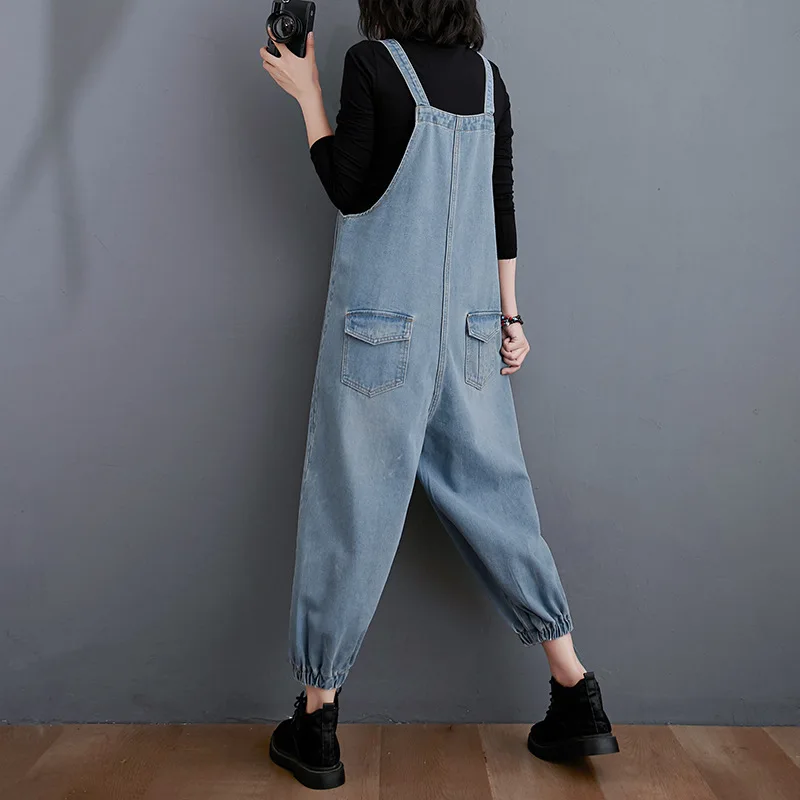 Plus Size Casual Denim Overalls Women 2020 Spring Autumn New Spaghetti Strap Pocket Loose Fashion Jumpsuit Jeans Rompers
