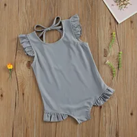 Toddlers Baby Summer Swimwear, Solid Color O-Neck Ruffle Sleeve Lacing Backless Swimsuit for Little Girls, 1-6 Years 4