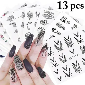 

13 Sheets Nail Sticker Creative Assorted Water Transfer Nail Decal Nail Decor Black Wraps Tips Manicure Nail Decor Accessories